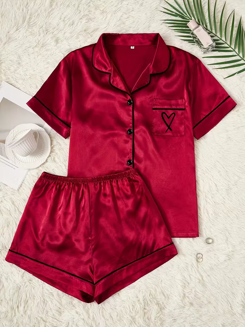 Heart Embroidery Short Sleeve Pajama Set