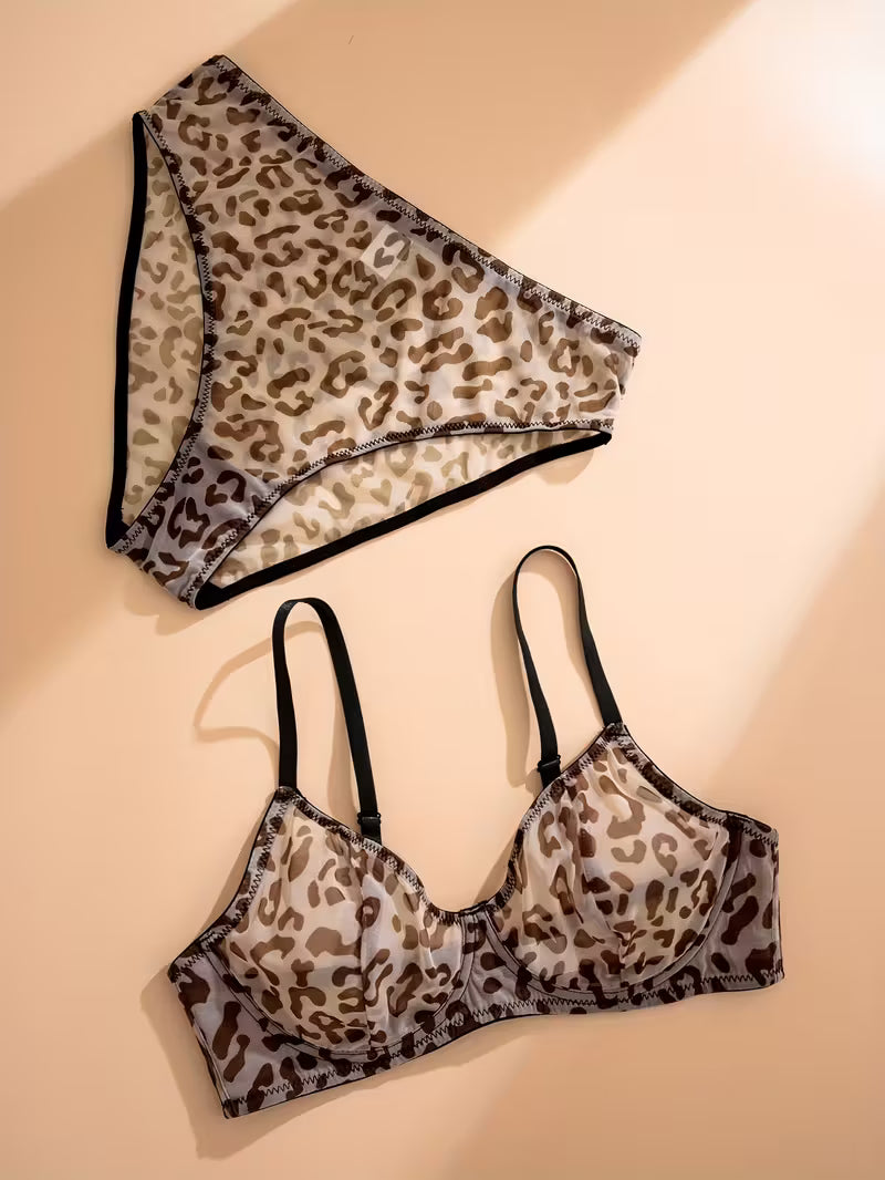Leopard Print Mesh Lingerie Set