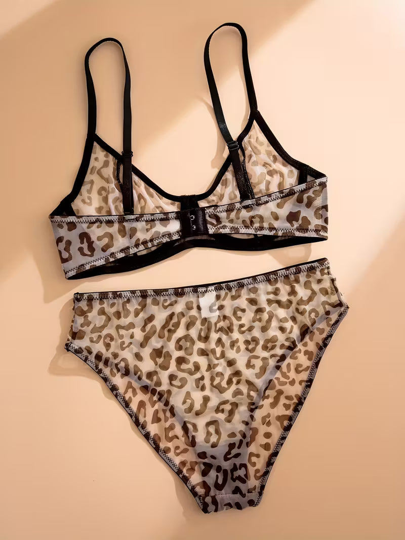 Leopard Print Mesh Lingerie Set