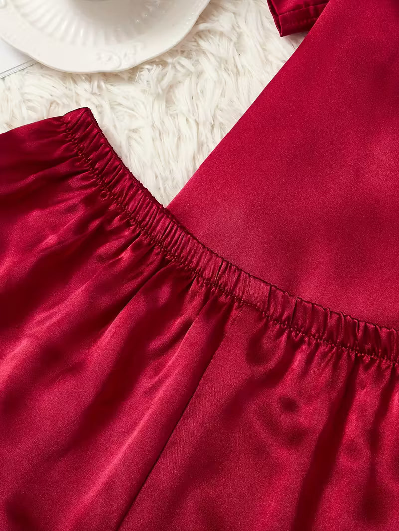 Heart Embroidery Short Sleeve Pajama Set