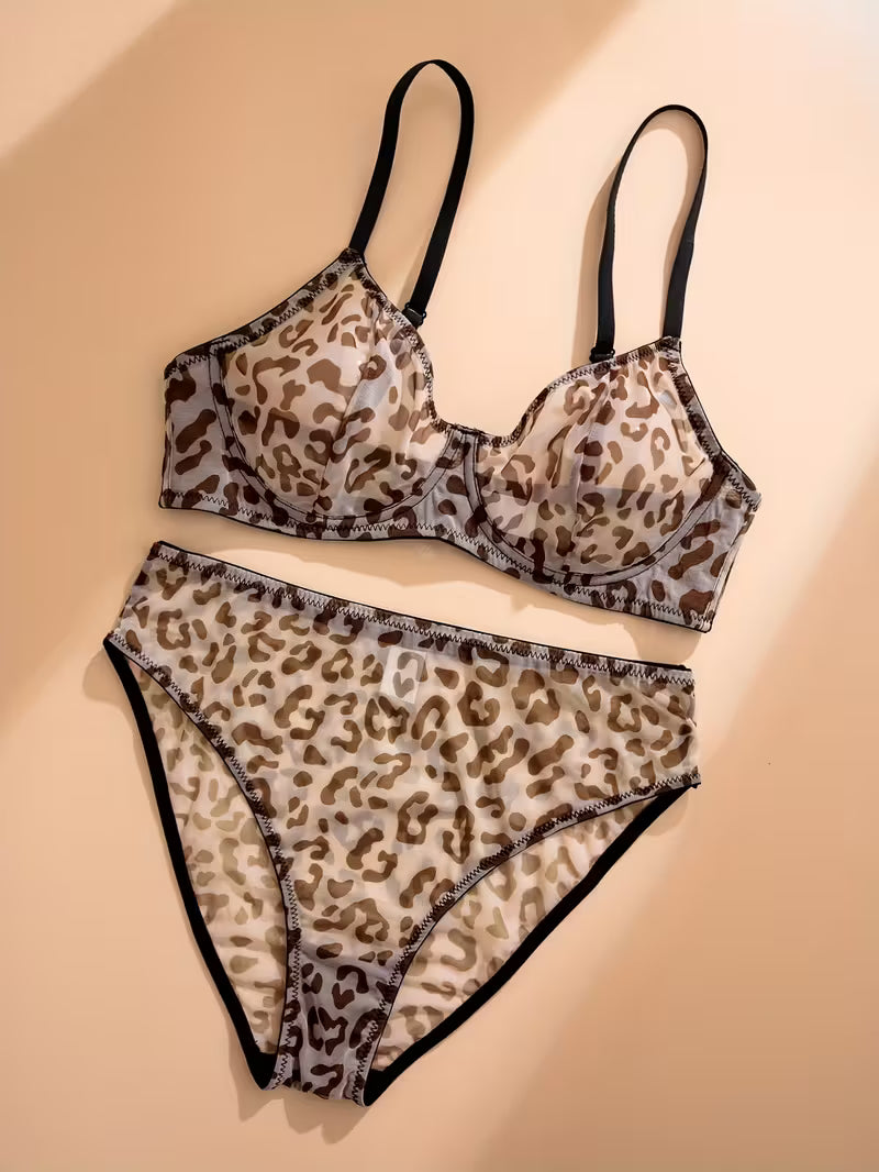 Leopard Print Mesh Lingerie Set