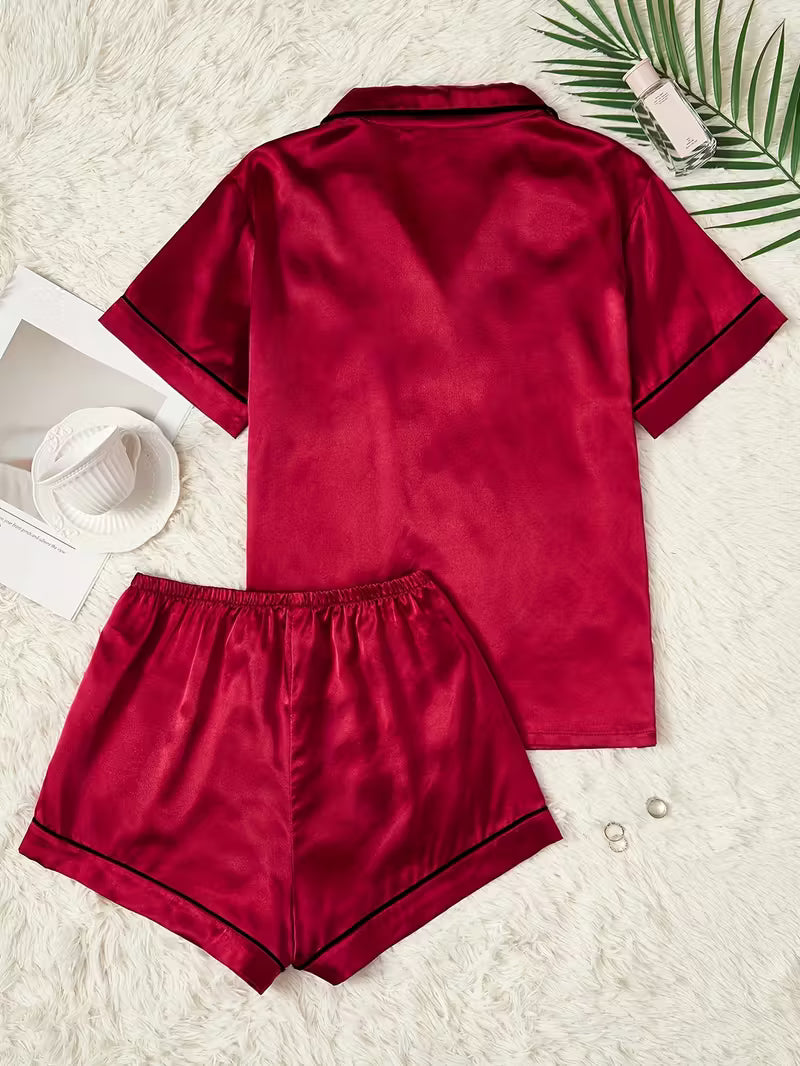 Heart Embroidery Short Sleeve Pajama Set
